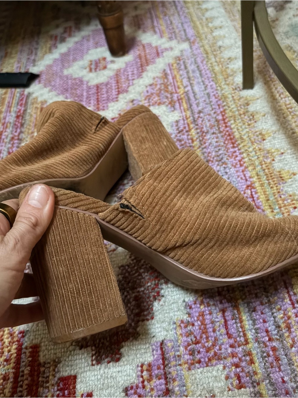Corduroy Block Heel Mules in Tan